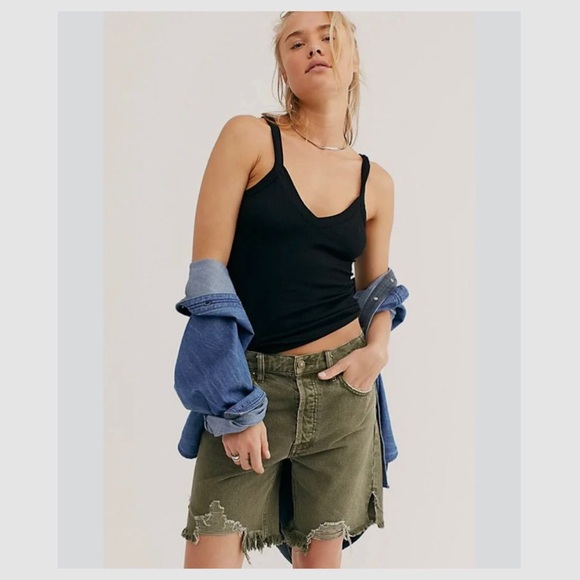 FREE PEOPLE SEQUOIA BERMUDA SHORTS DISTRESSED DENIM BERMUDA SHORTS IN PINE GREEN - Picture 11 of 15